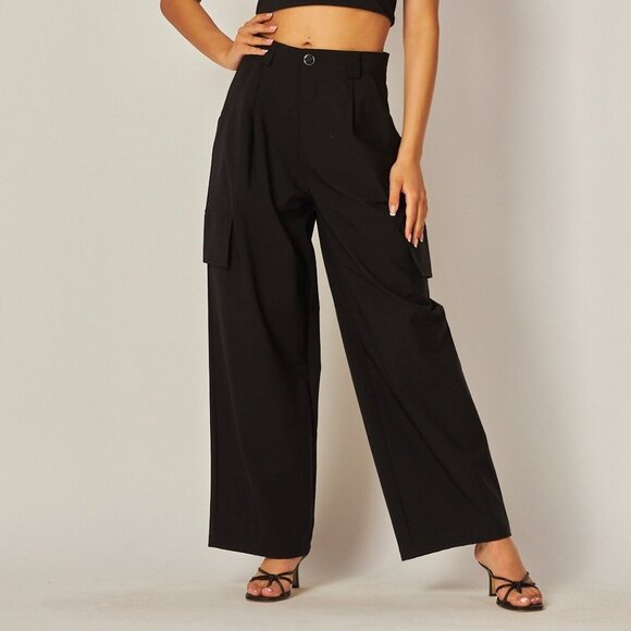 Love Poem Pants - LOVE POEM BY BLOCK Black Cargo Wide Leg Trousers | Chic High Waist Utility Pants
